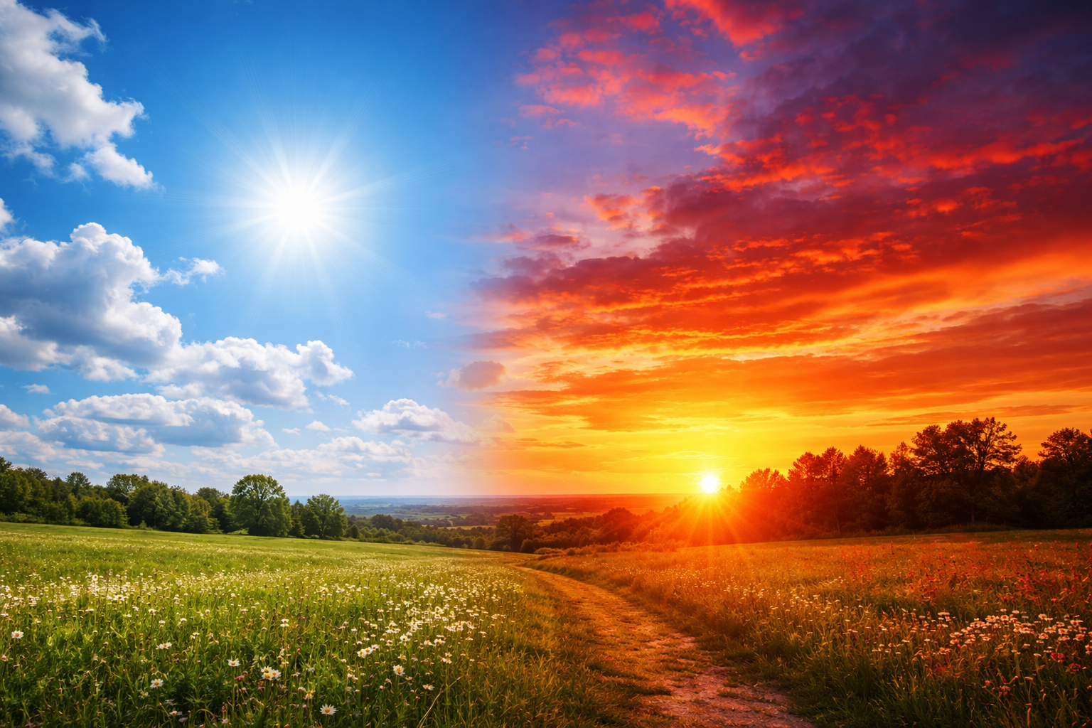 Comparação entre céu azul e pôr do sol vermelho, mostrando como a luz se espalha na atmosfera.
