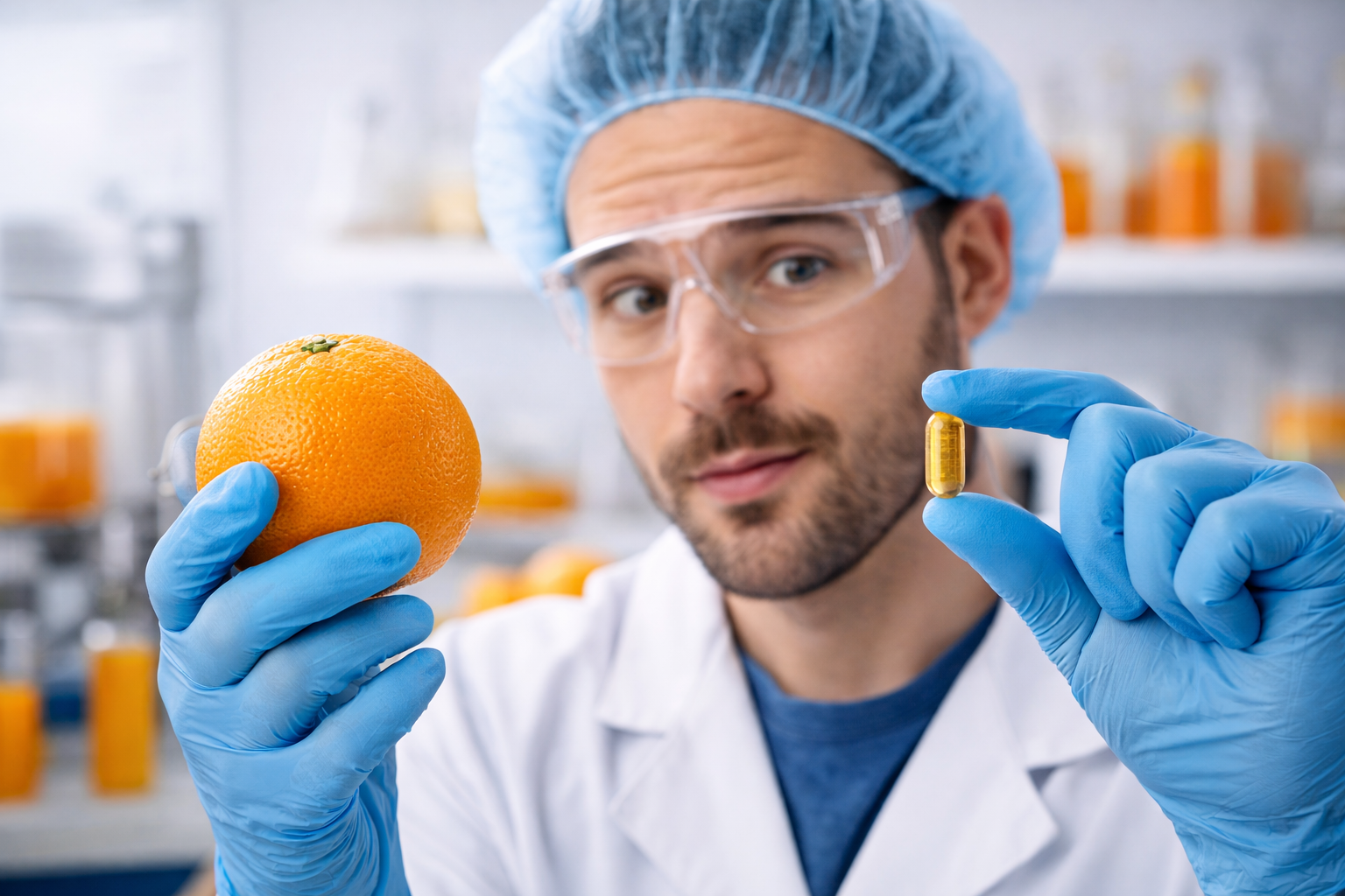 Cientista segurando uma laranja e uma cápsula de vitamina C em laboratório, comparando fonte natural e suplemento