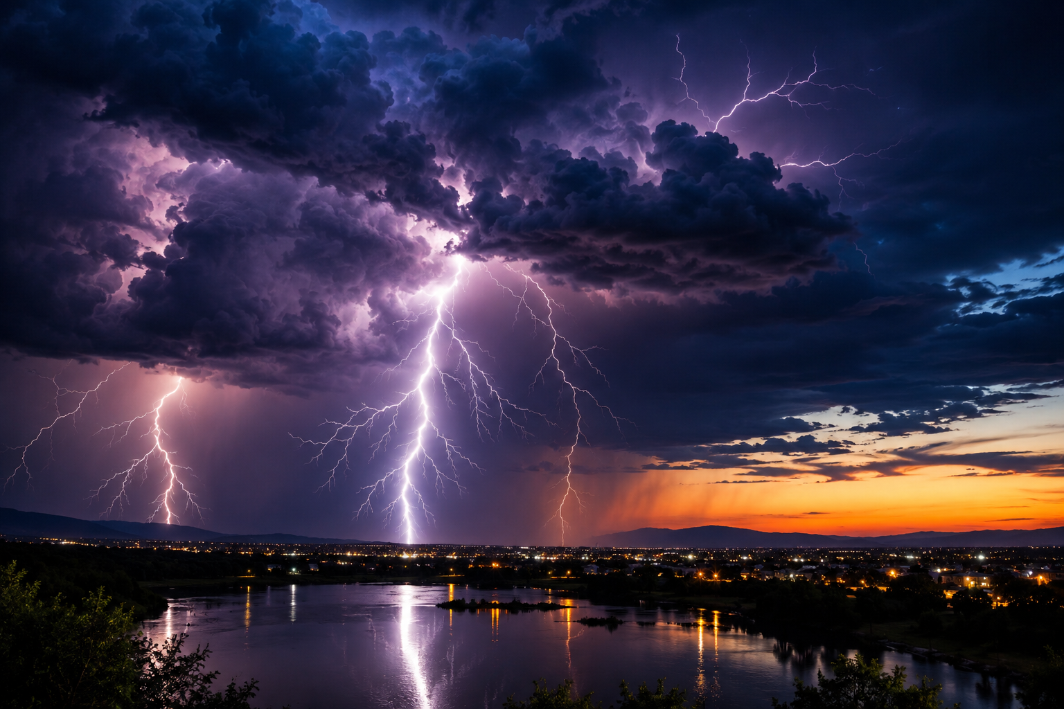 Tempestade com raios iluminando o céu